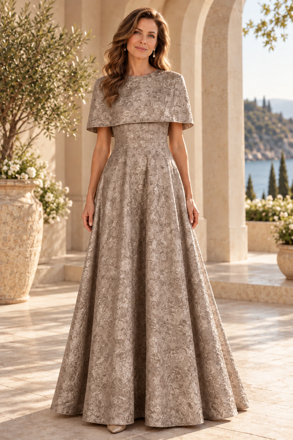 Jacquard A-Line Evening Gown with Capelet
