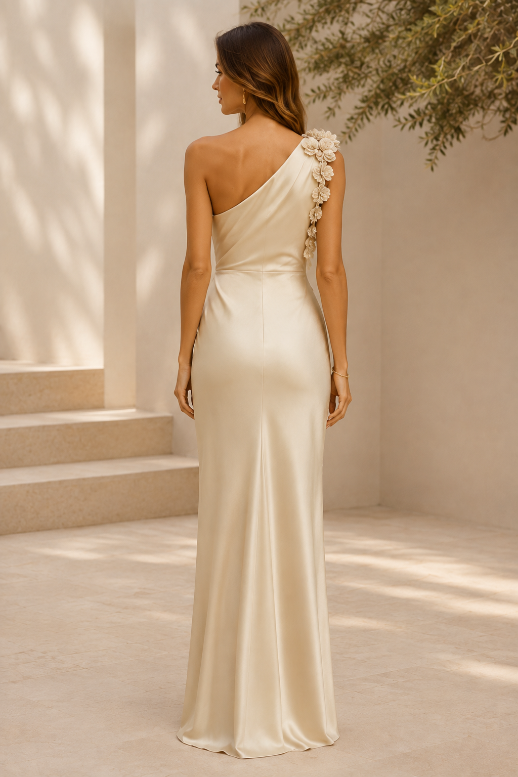 Satin-Kleid mit One-Shoulder-Träger und 3D-Blumen