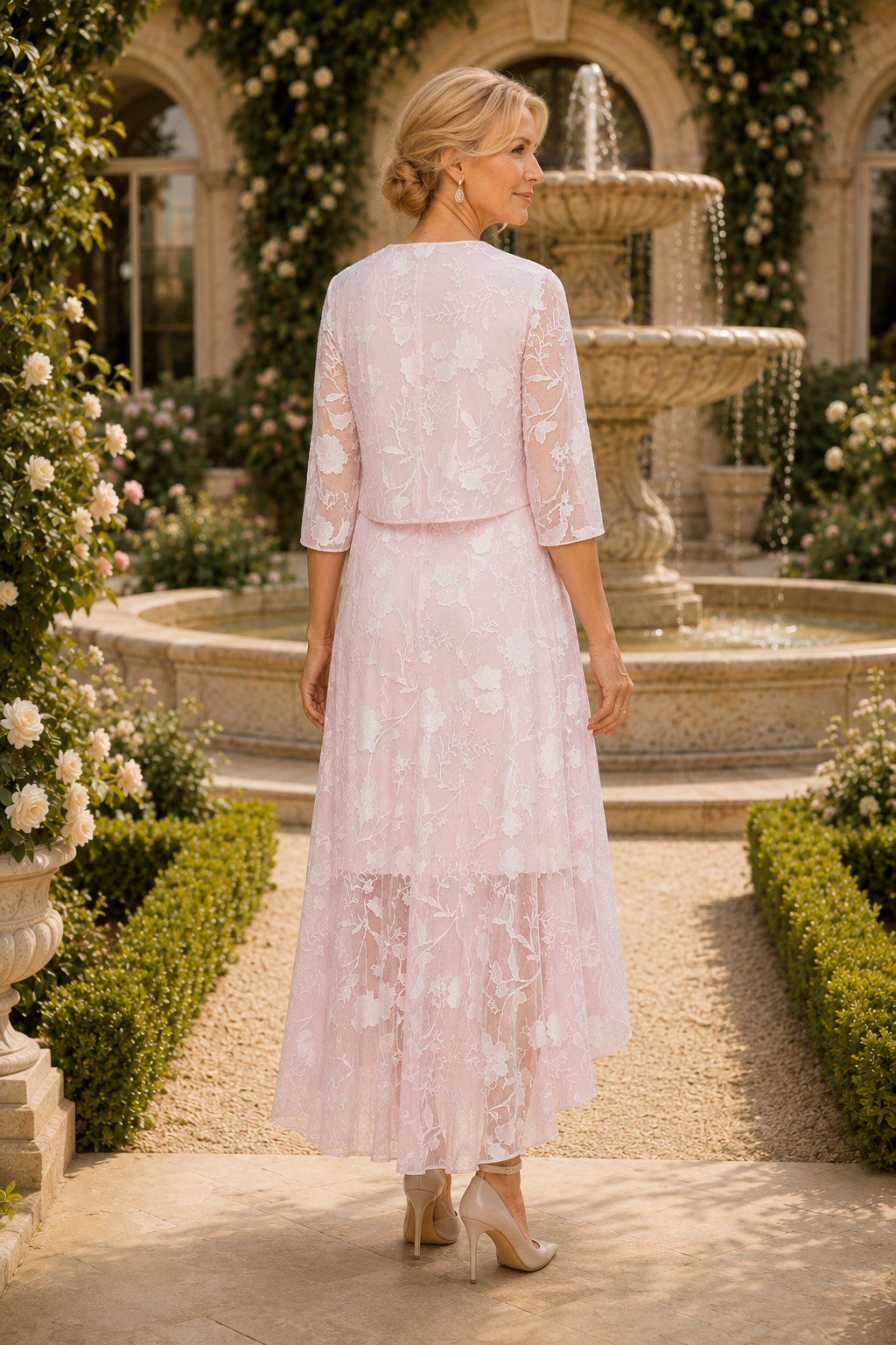 Blumen-Spitzen-High-Low-Kleid mit Bolerojäckchen