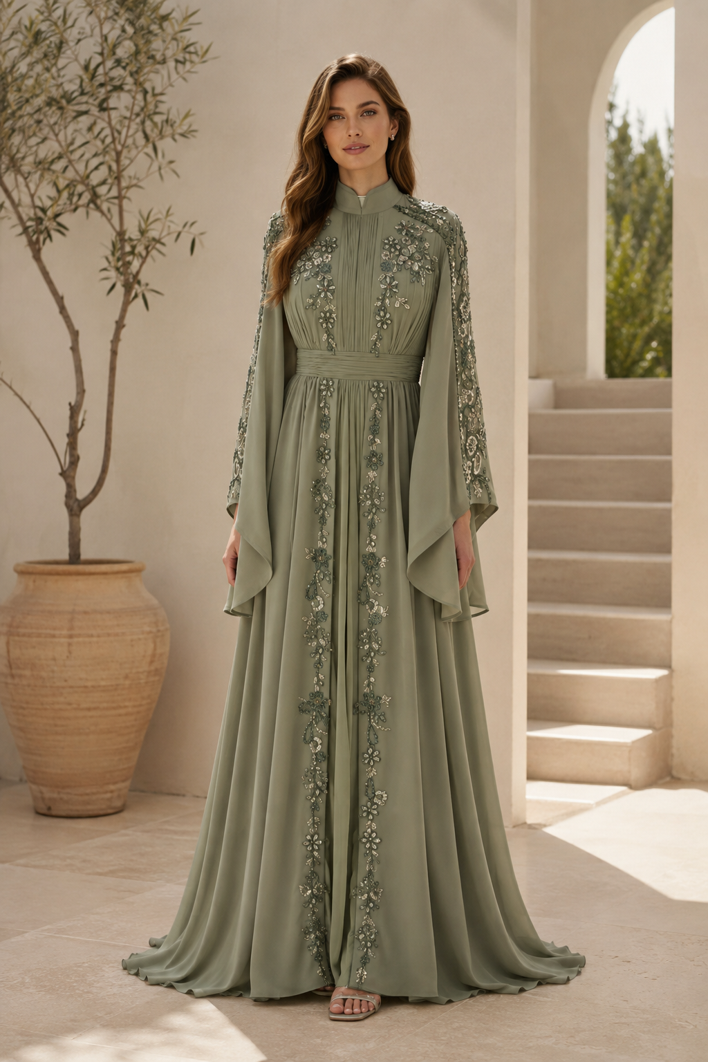 Verzierte hochgeschlossene Glockenärmel Chiffon-Abendkleid