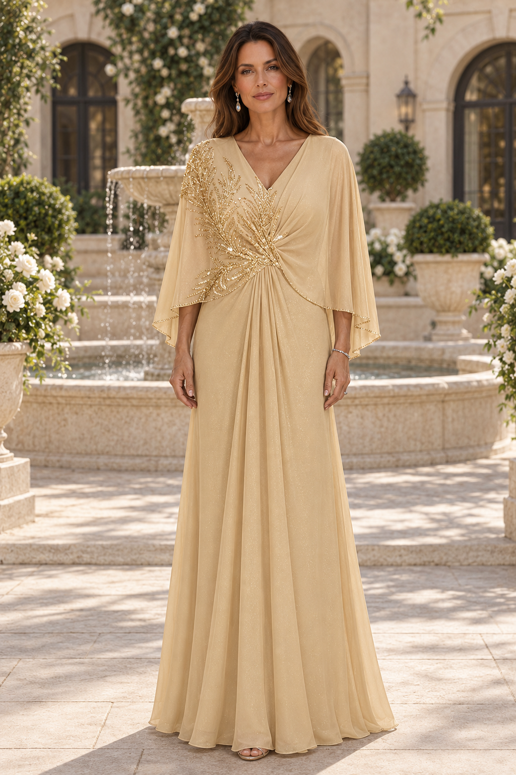 Beaded Capelet A-Line Floor-Length Evening Gown