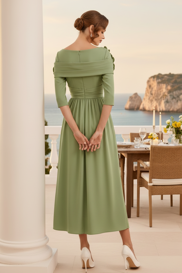 Midi-Kleid mit U-Boot-Ausschnitt, 3/4-Ärmeln und 3D-Blumen