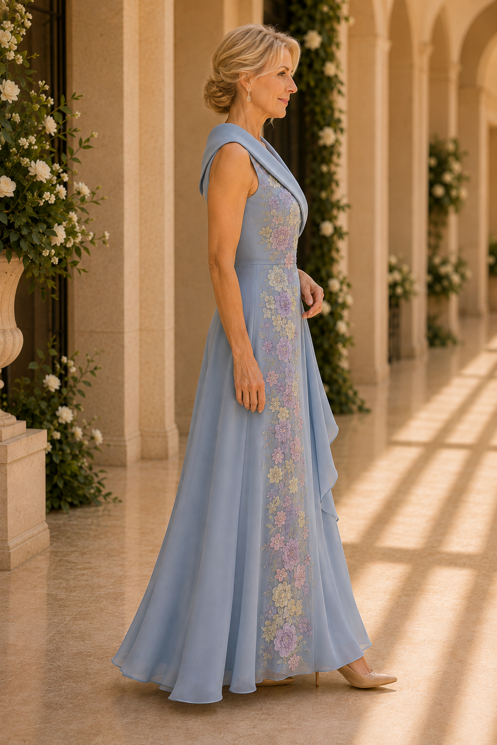 Blumenbesticktes A-Linien-Kleid mit Schalkragen