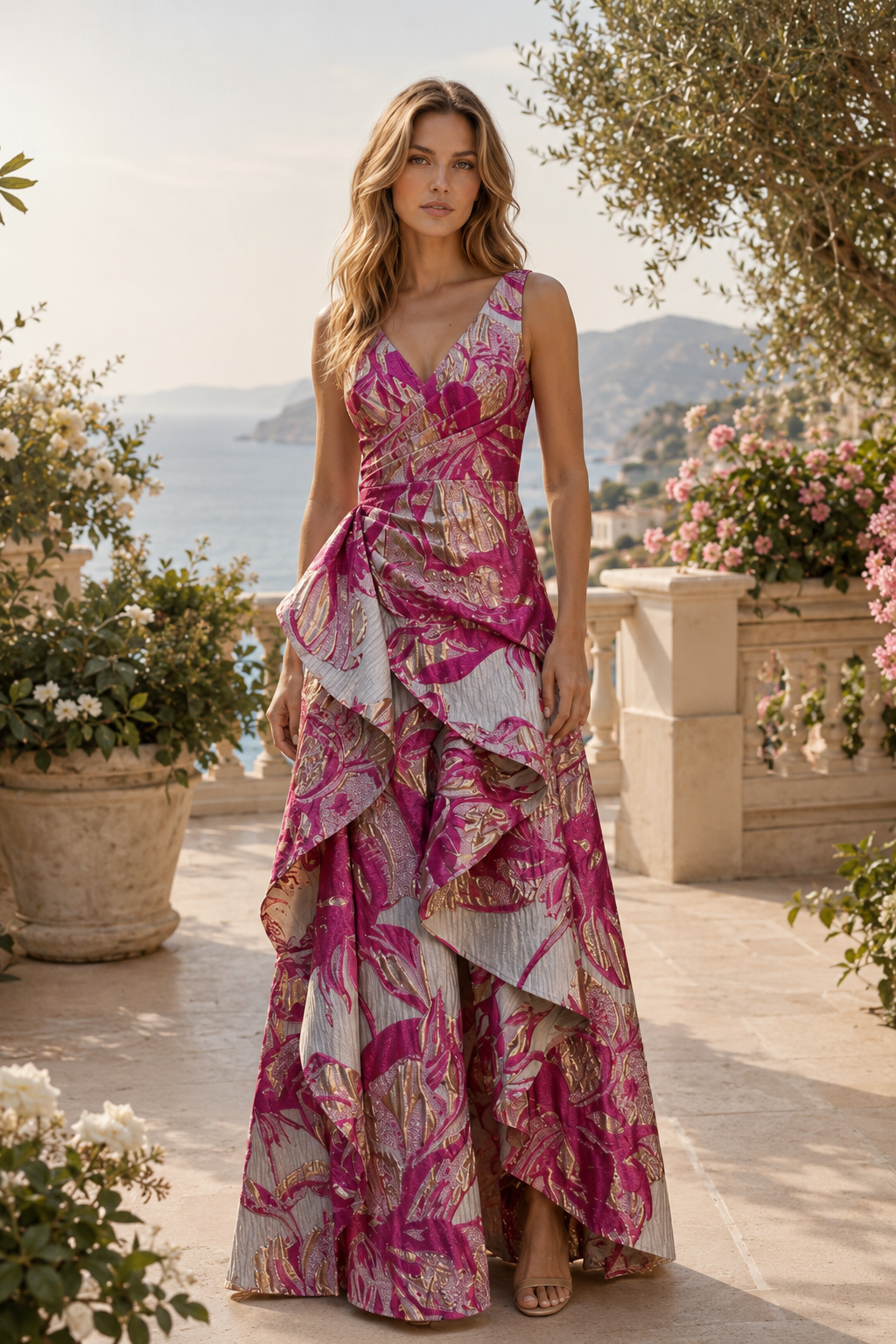 Metallic-Kleid mit Blumenmuster, gestuften Rüschen und A-Linie