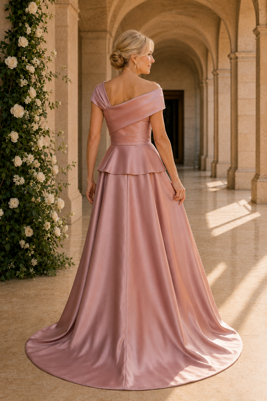 Asymmetrisches Satinabendkleid mit Blumenrock