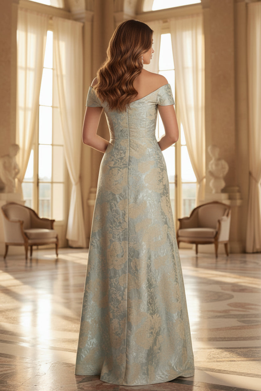 Schulterfreies Jacquard-Abendkleid in A-Linie
