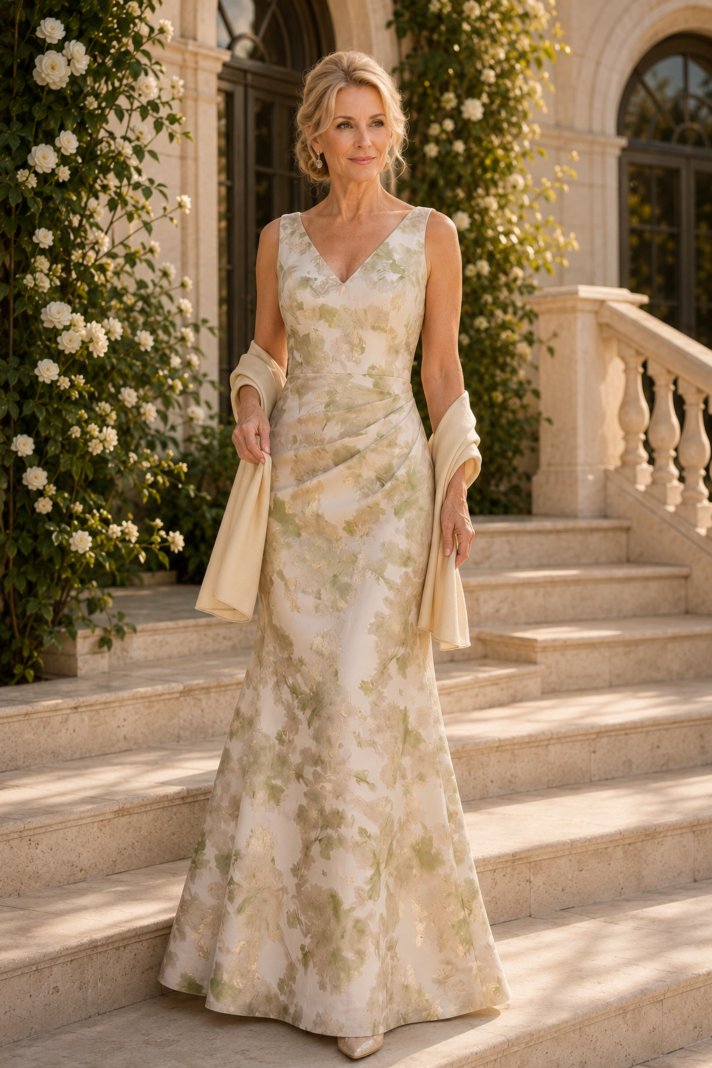 Ärmelloses Abendkleid aus Jacquard mit Blumenmuster