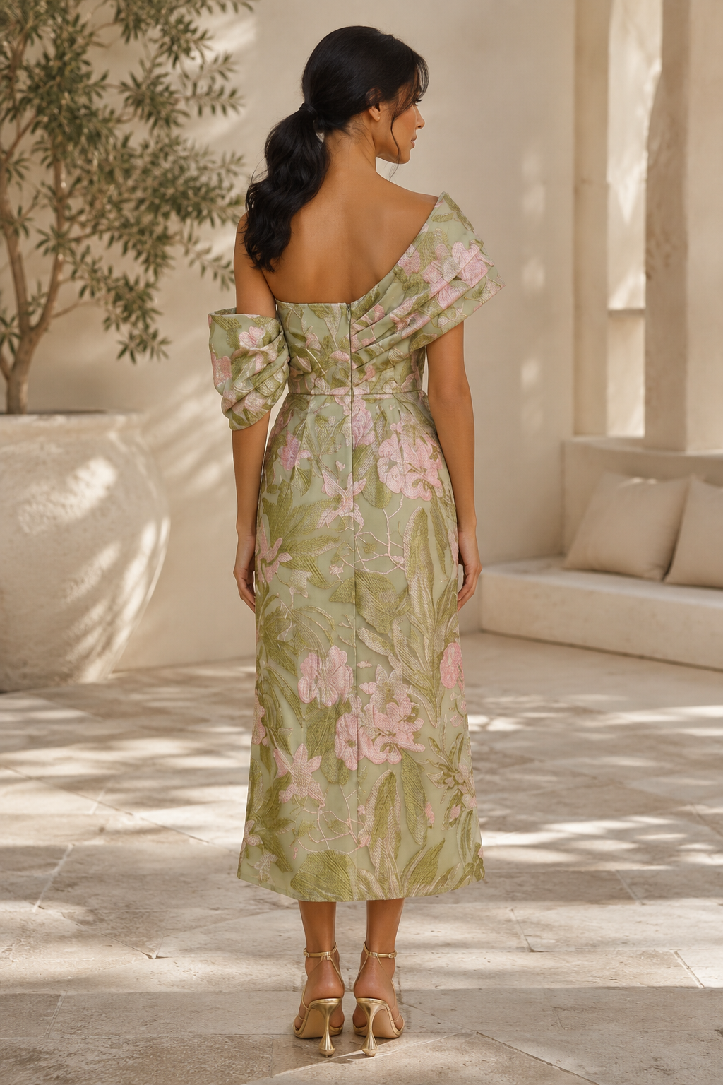 Geblümtes Jacquard-Midikleid mit einer Schulter, drapiertes Oberteil