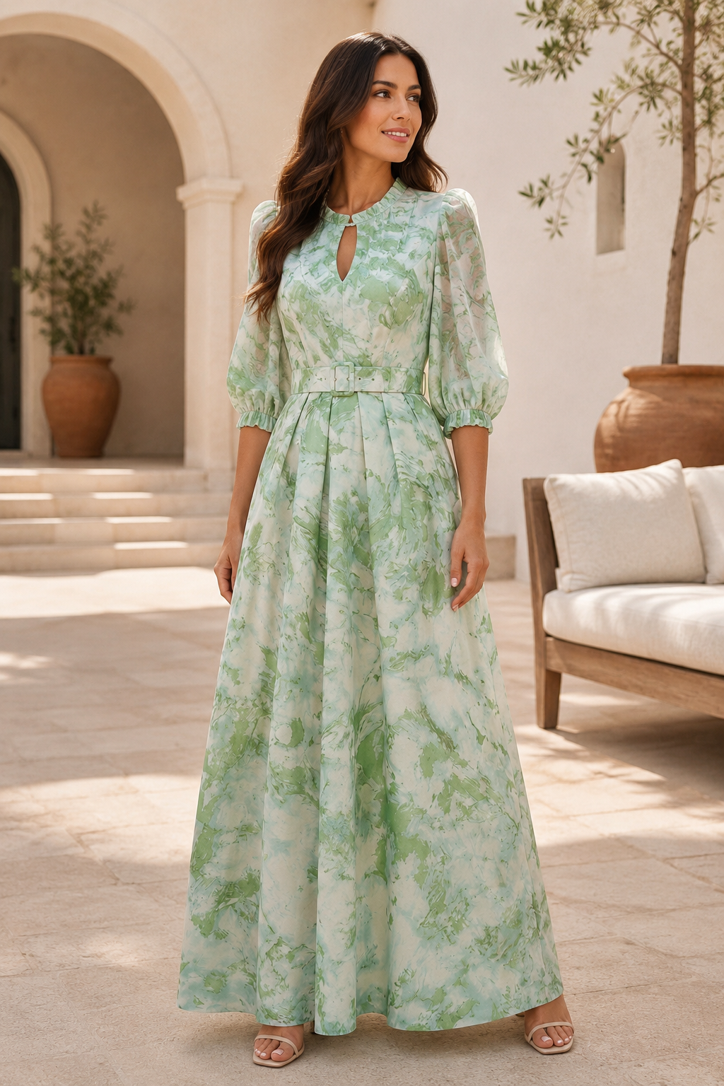 Elegantes bedrucktes Maxikleid in A-Linie mit Schlüssellochausschnitt