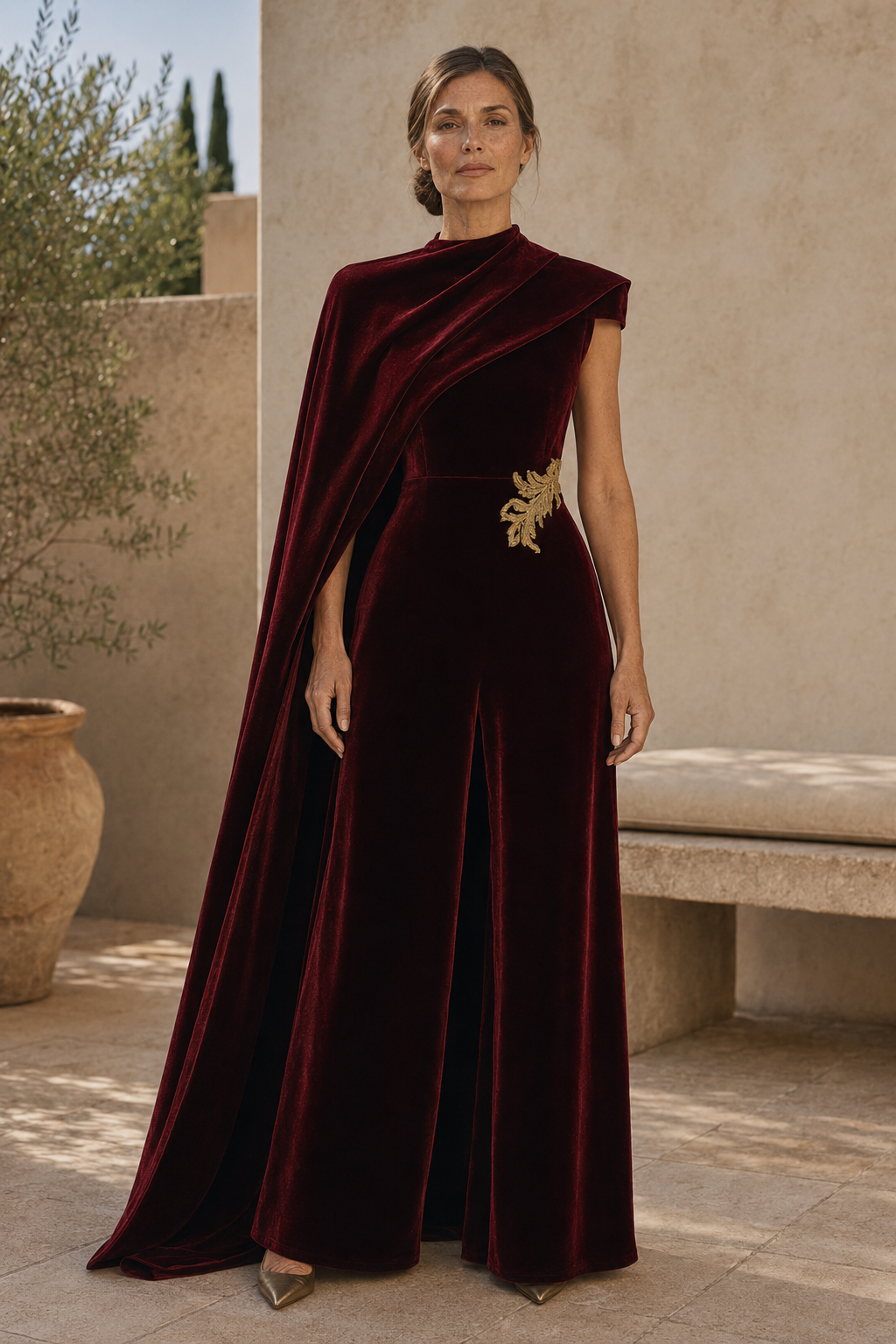 Jumpsuit aus Samt mit weitem Bein und Cape an einer Schulter
