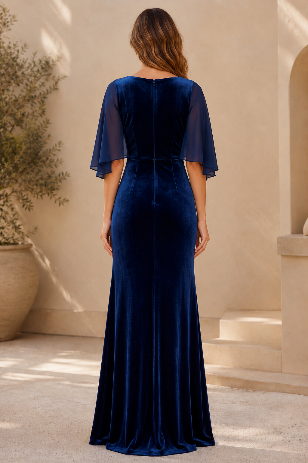 Samtenes V-Ausschnitt Abendkleid mit Volantärmeln
