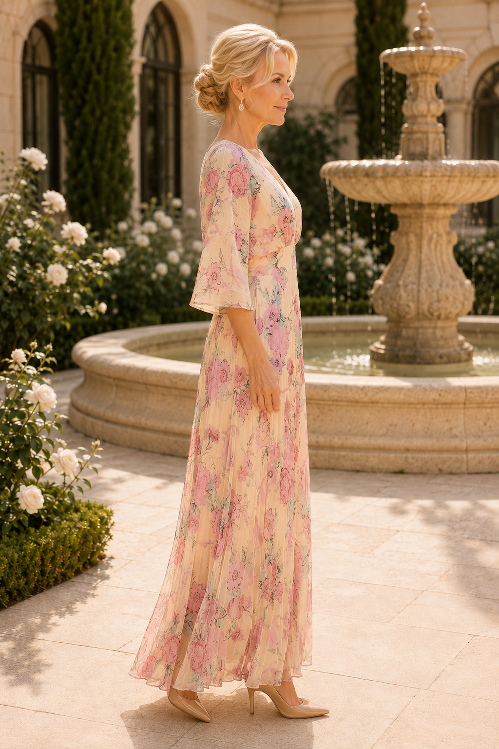 Geblümtes plissiertes Maxikleid mit Glockenärmeln