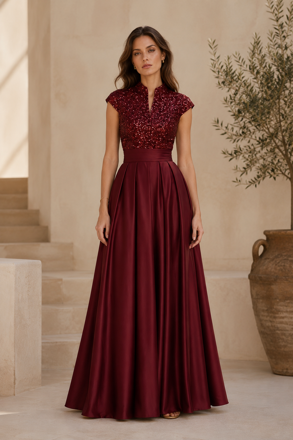 Glitzer-Oberteil, plissiertes A-Linien-Kleid aus Satin