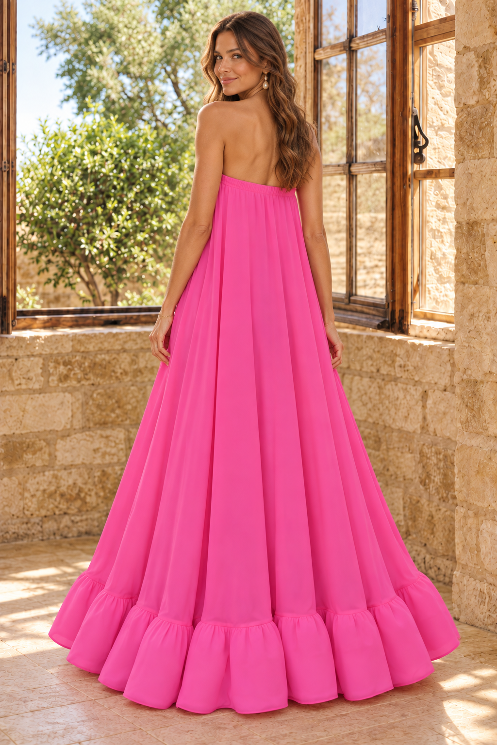 Strapless A-Line Maxi Dress with Ruffle Hem
