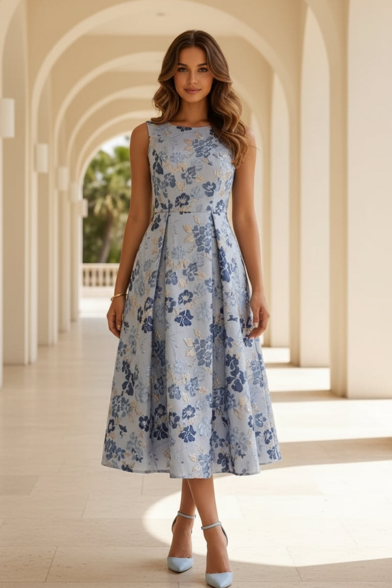 Ärmelloses Midi-A-Linien-Kleid aus floralem Jacquard