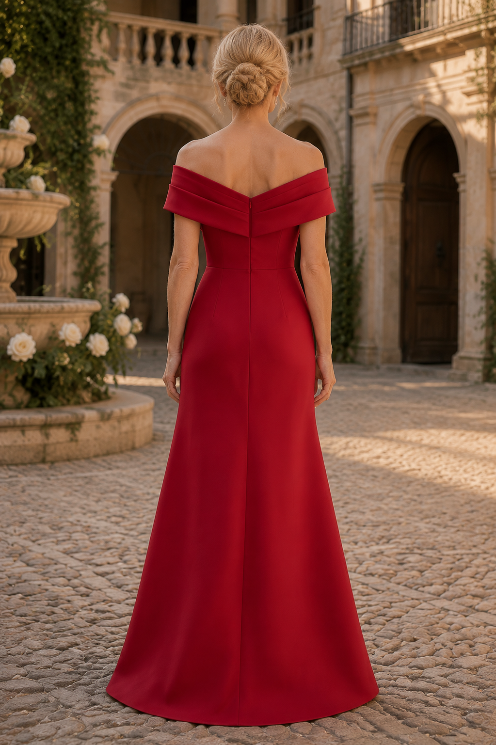 Plissiertes Off-Shoulder-Kleid mit Brosche