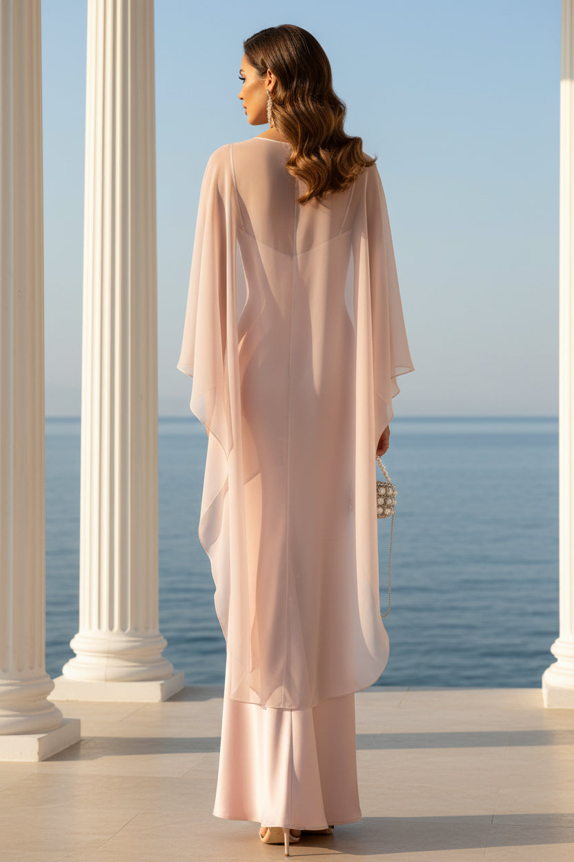 Satin-Trägerkleid mit transparenter Cape-Überwurf