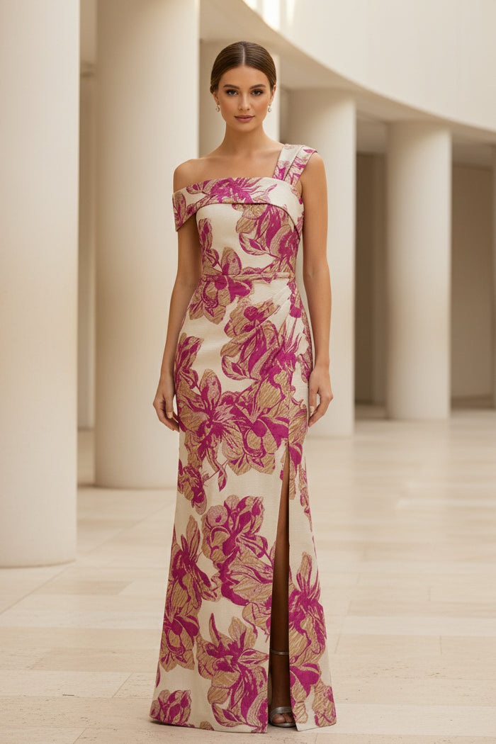 Blumiges Jacquard-Abendkleid mit One-Shoulder und Schlitz