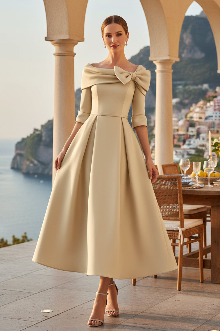 Off-Shoulder A-Linien-Kleid in Teelänge mit Schleife