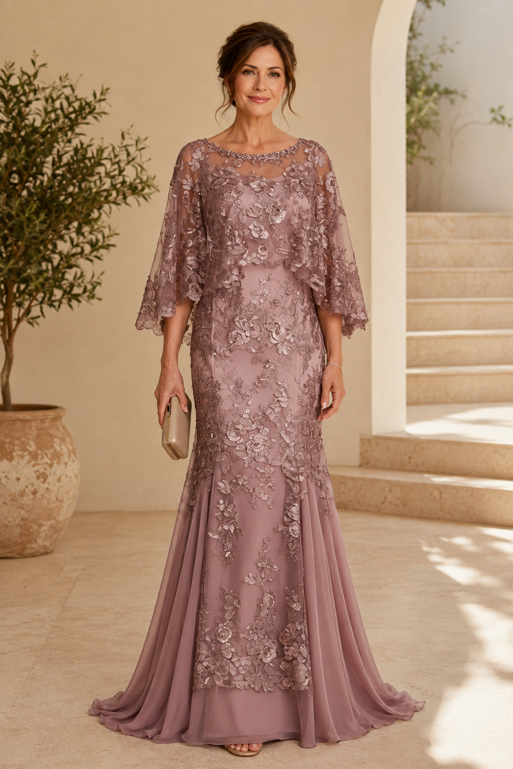 Besticktes Capelet-Trompetenkleid