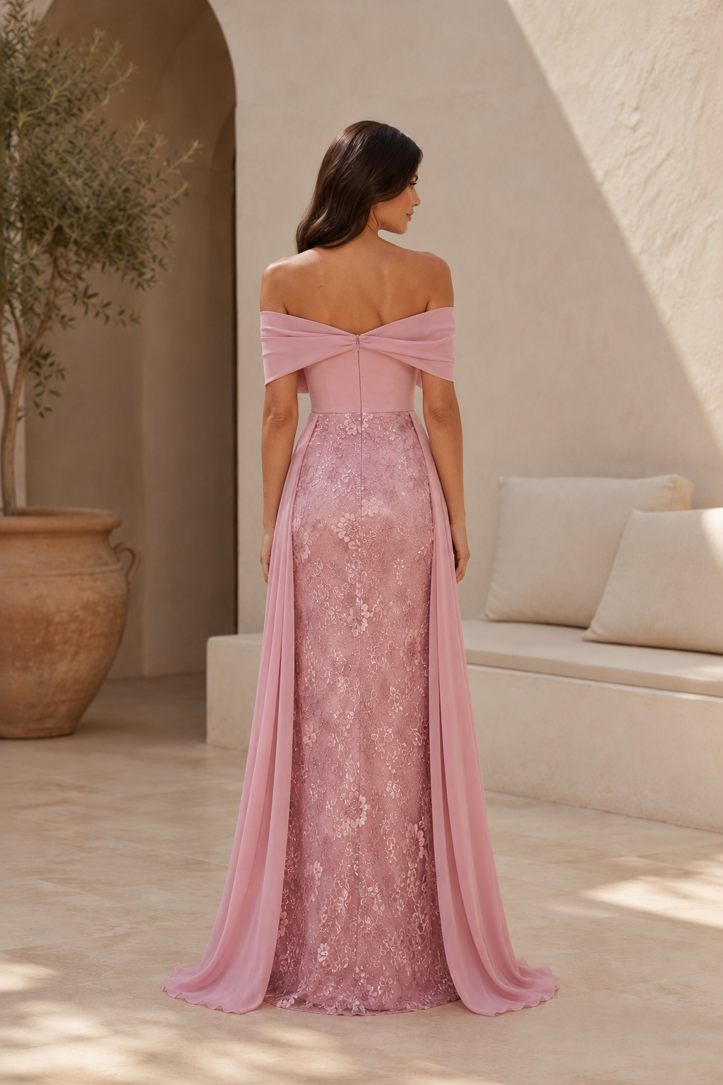 Schulterfreies Spitzenkleid mit Chiffonschleifen-Details