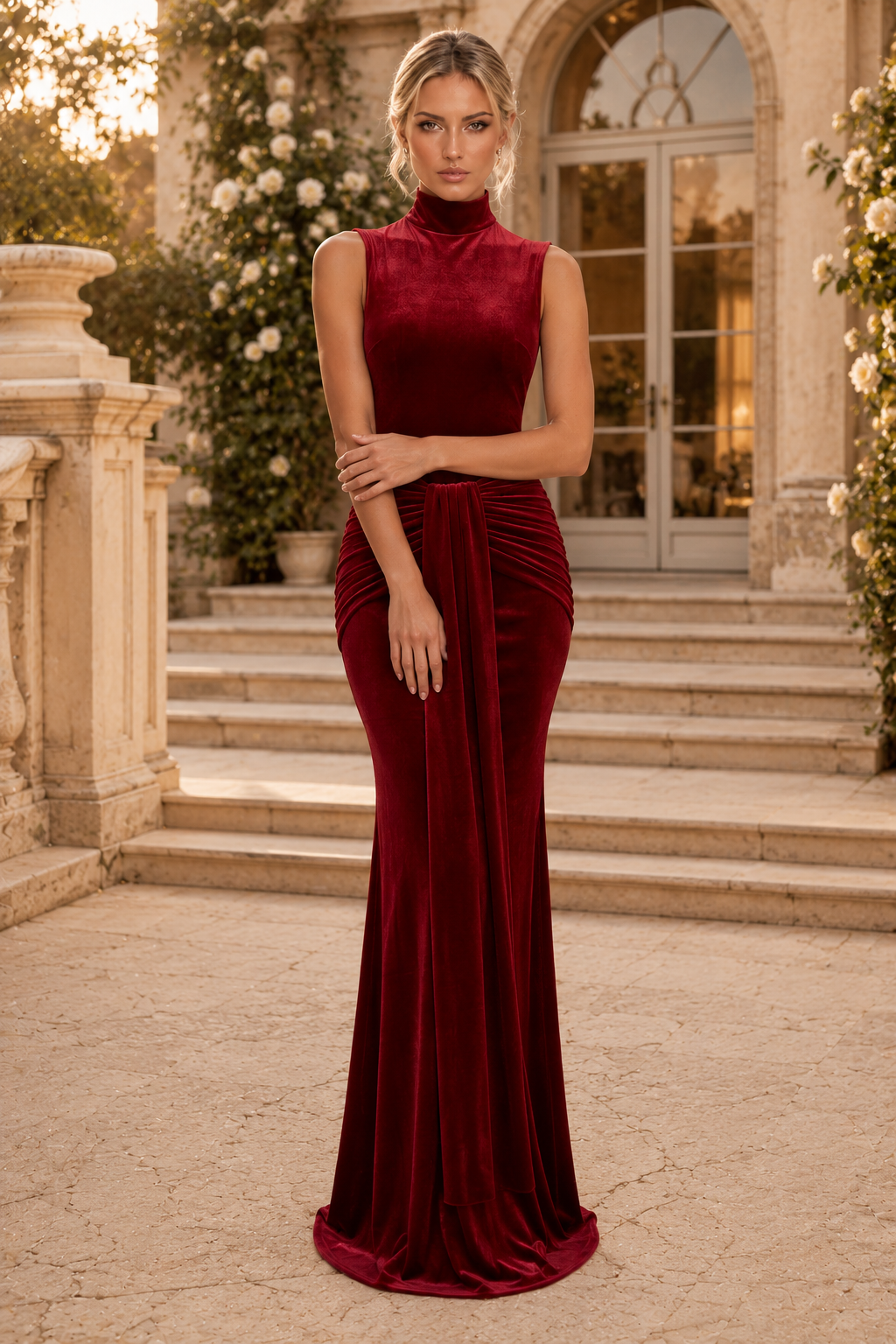 Ärmelloses Samtkleid mit hochgeschlossenem Ausschnitt und drapiertem Vorderteil