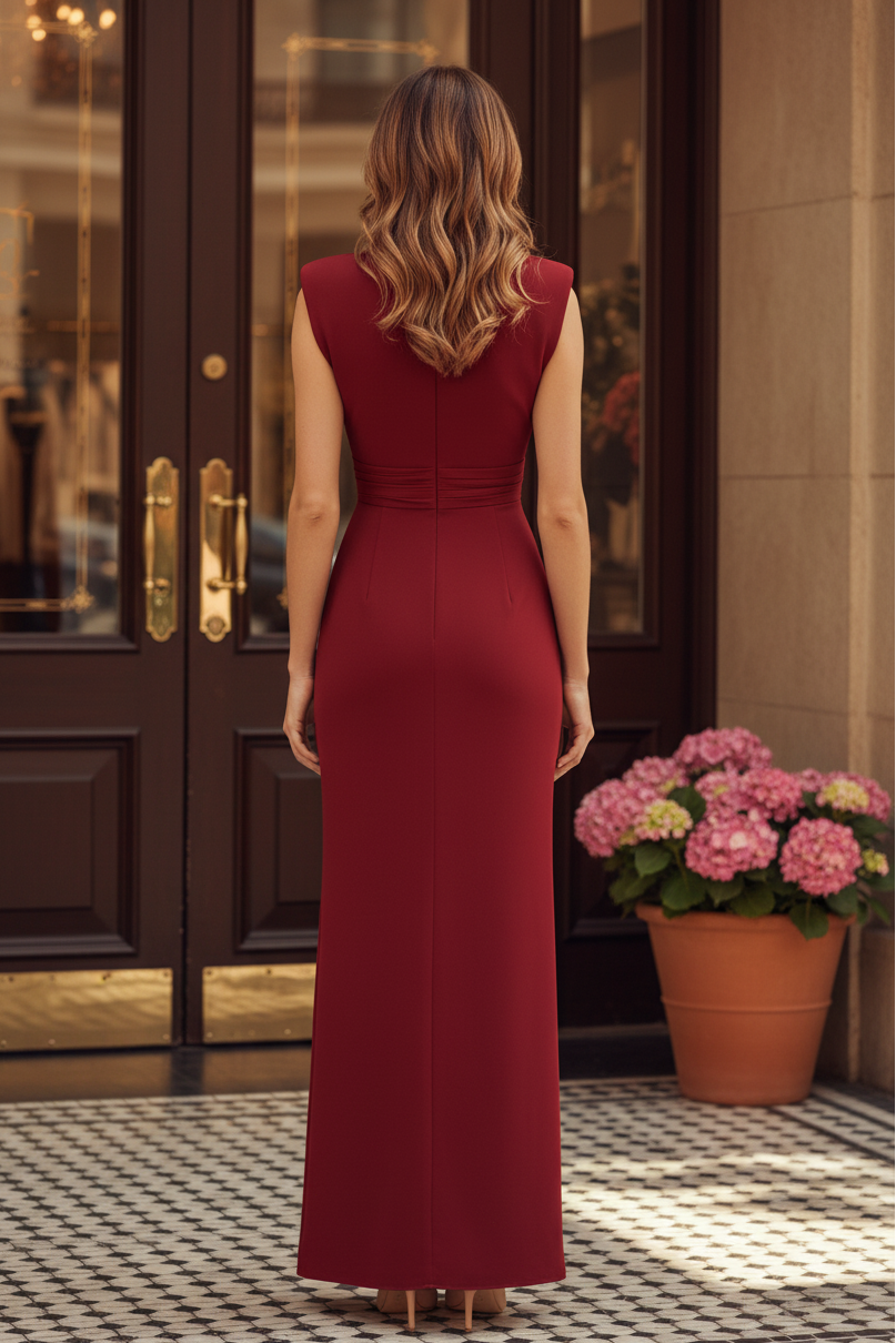 Abendkleid mit tiefem V-Ausschnitt, hohem Schlitz und Rüschen
