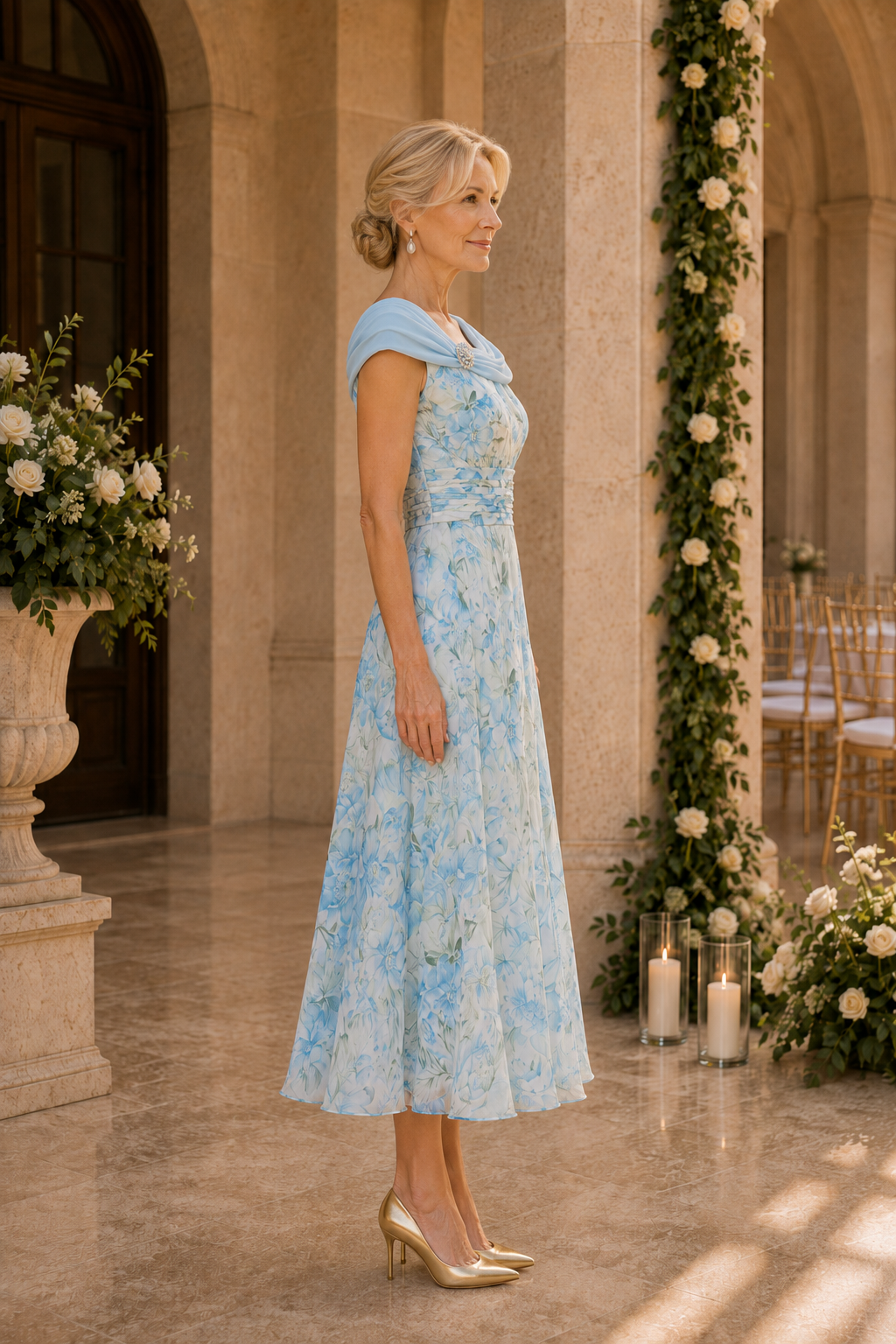 Blumen-Teelängenkleid mit drapiertem Ausschnitt