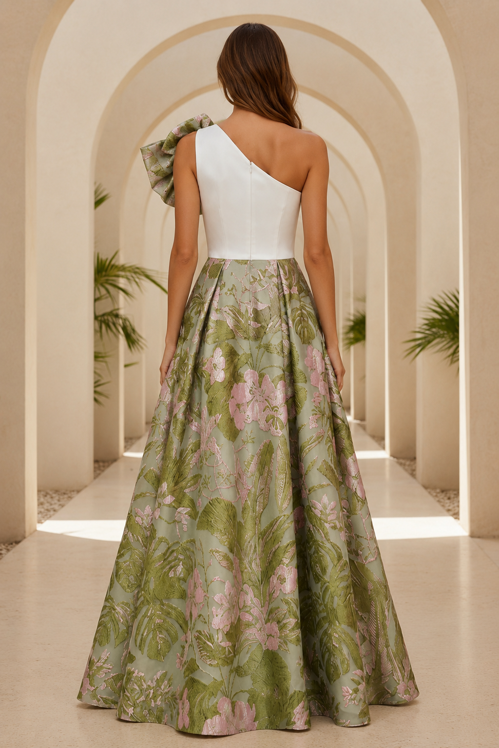 Blumen-Jacquard-Abendkleid mit One-Shoulder-Träger und A-Linie