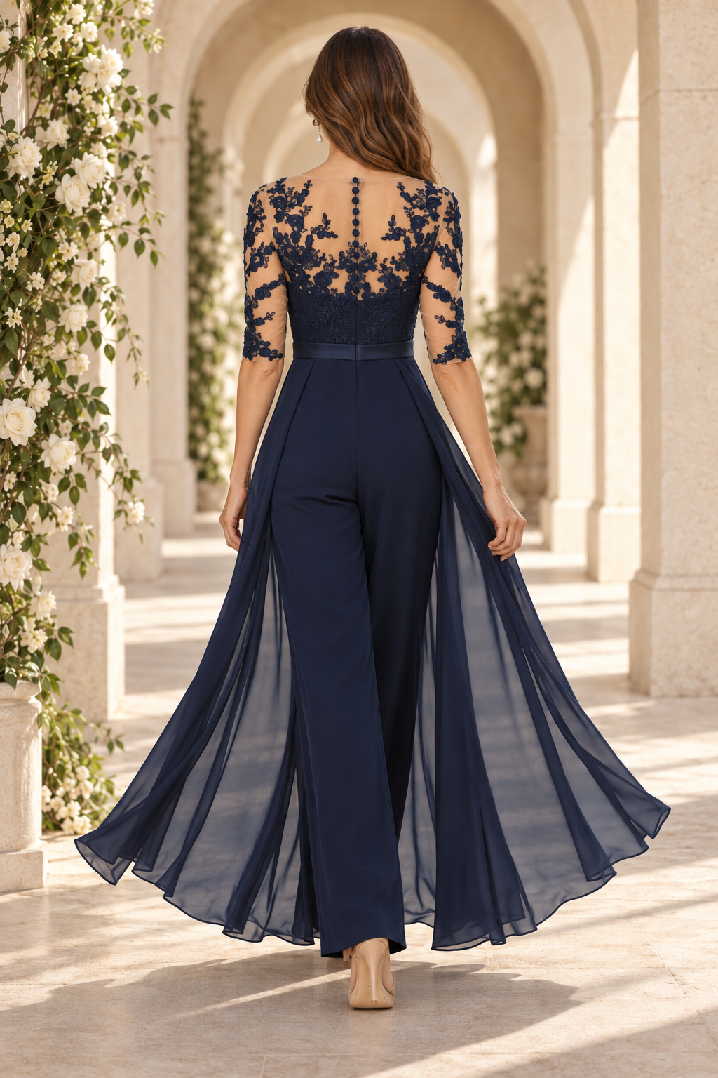 Lace Bodice Jumpsuit with Chiffon Overskirt