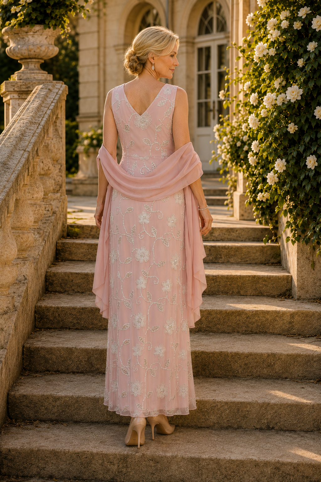 Ärmelloses, perlenbesticktes Maxi-Kleid mit Blumenmuster und Schal