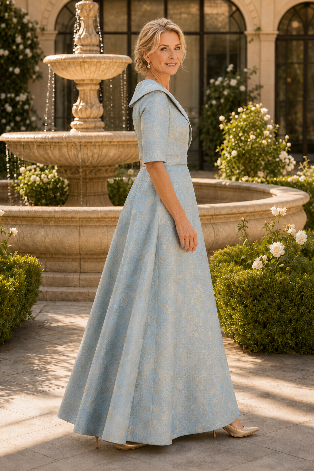 Besticktes A-Linien-Kleid mit Kragen und Ellenbogenärmeln