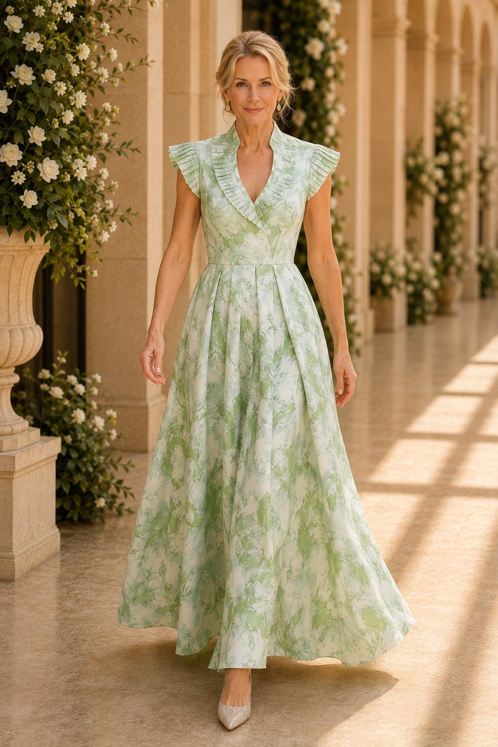 Plissierter Kragen A-Linien Maxikleid mit Flügelärmeln