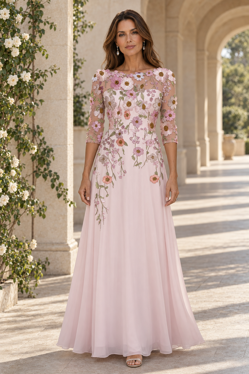 Floral Applique Illusion Maxi Dress