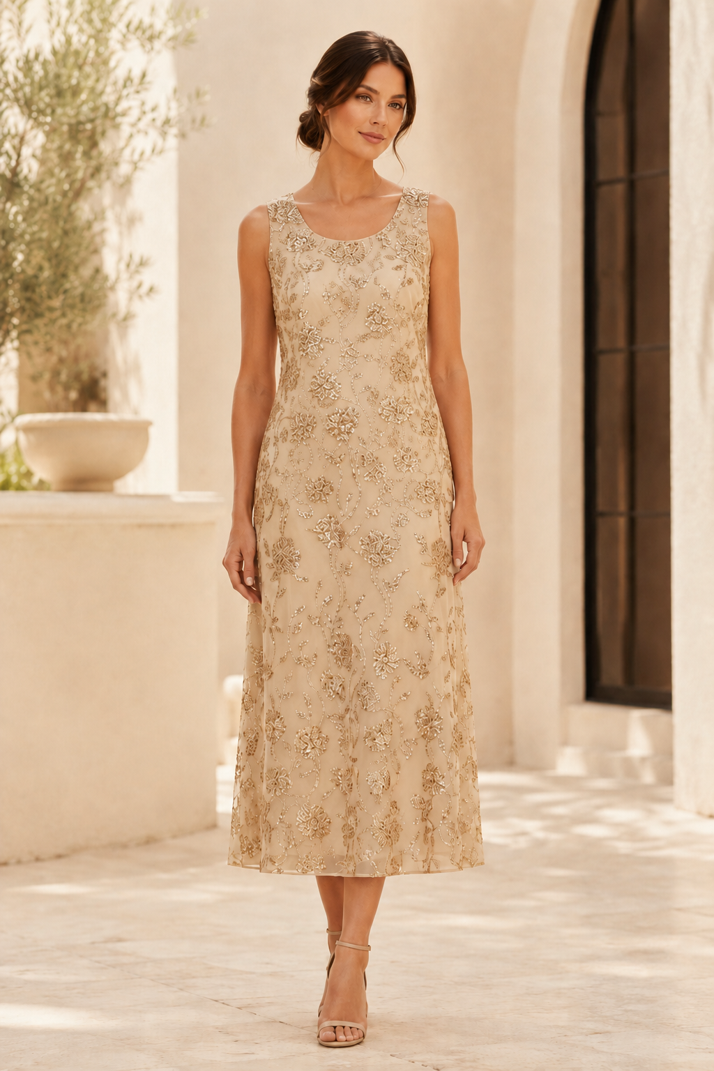 Midikleid mit Pailletten-Blumenmuster und Jacke
