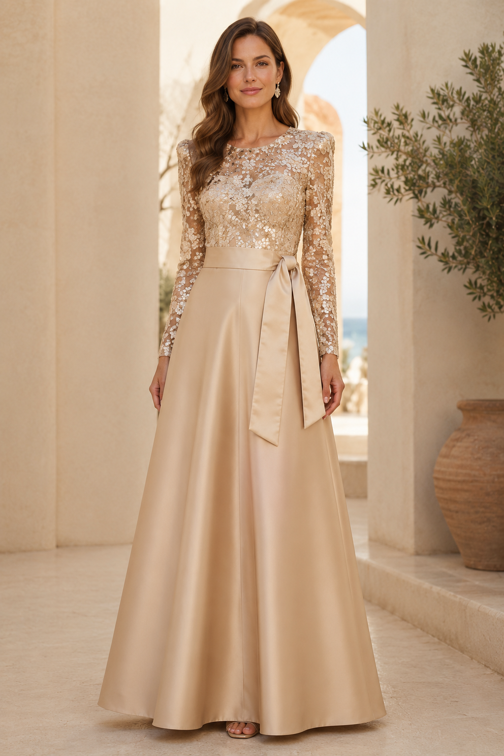 Langärmeliges Abendkleid in A-Linie mit Blumenstickerei