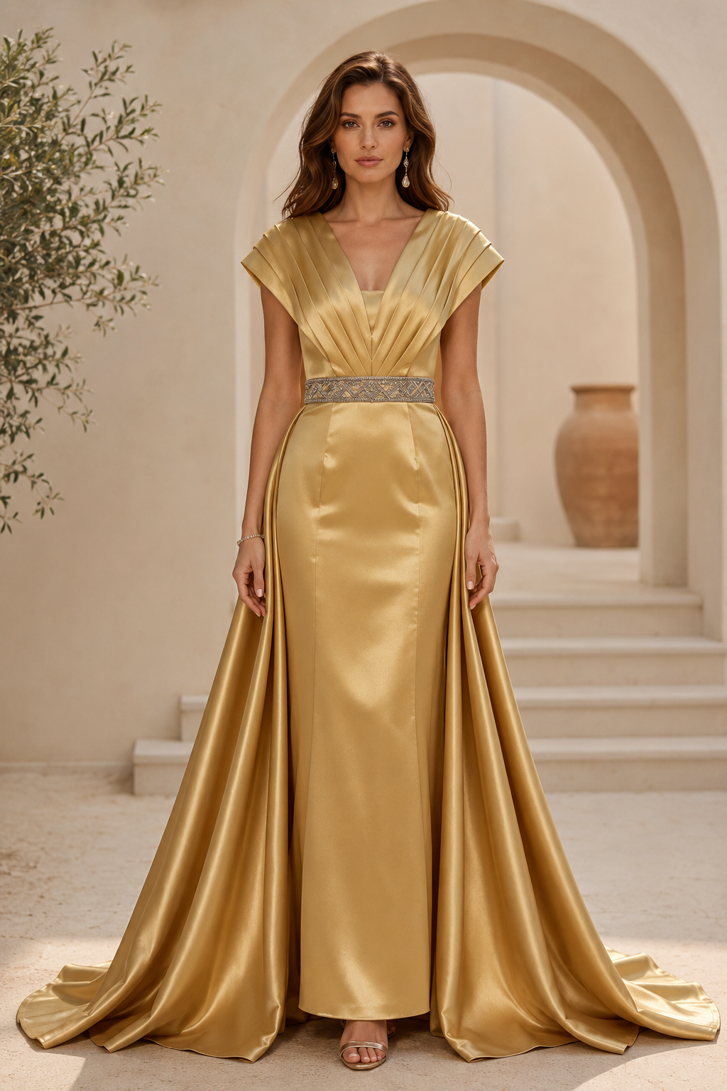 Plissiertes Satin-Abendkleid mit Perlenstickerei am Gürtel