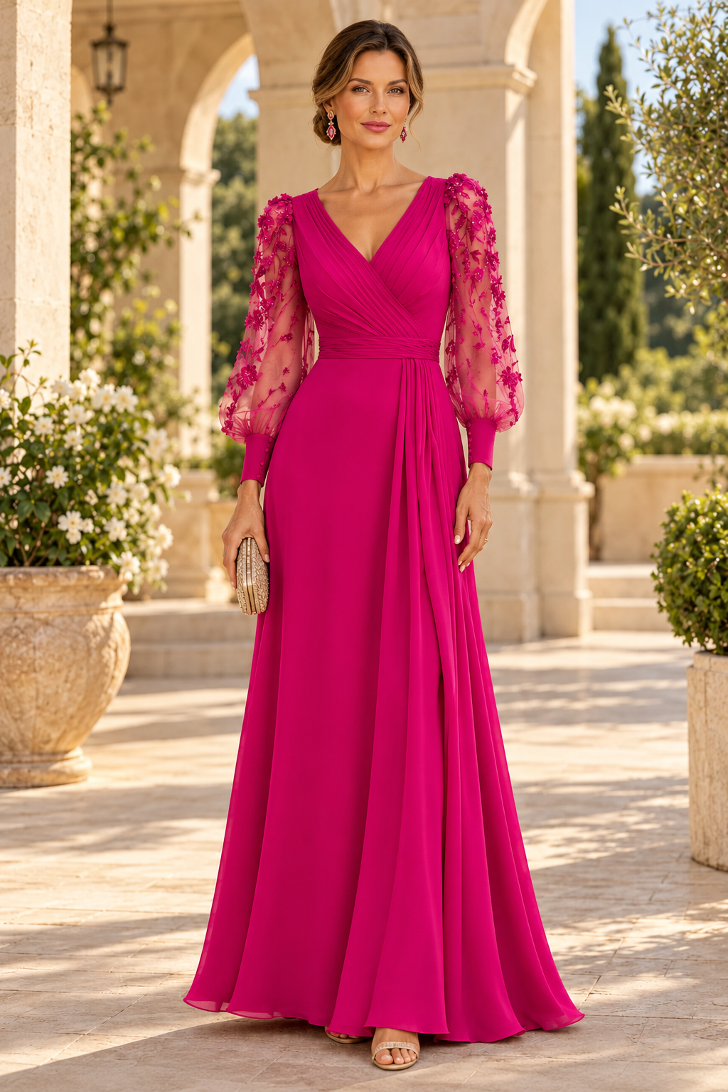 A-Line Gown with 3D Floral Bishop Sleeves