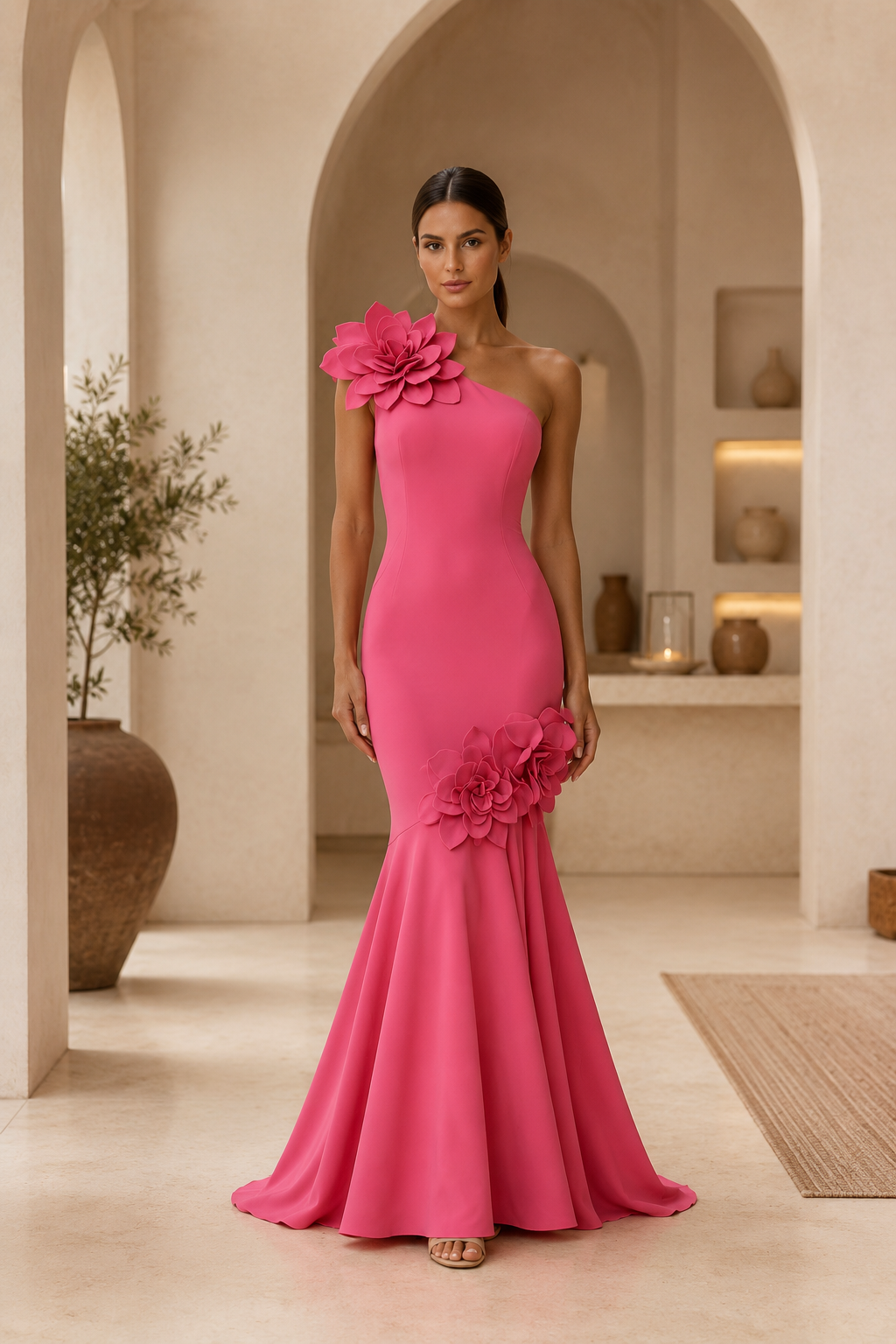 Ein-Schulter-Meerjungfrauenkleid mit 3D-Blumenapplikationen
