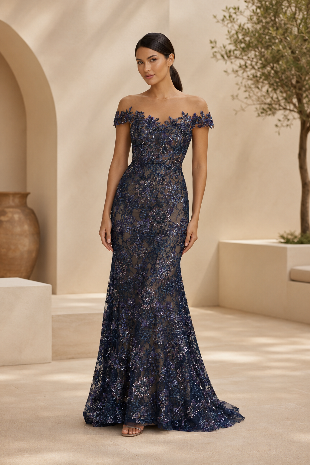 Schulterfreies Meerjungfrauen-Abendkleid aus floraler Spitze