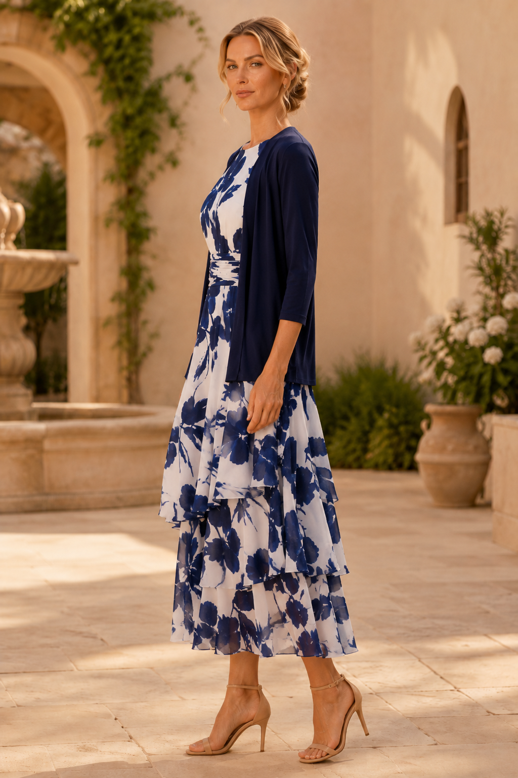 Geblümtes gestuftes Midikleid mit 3/4-Arm-Jacke