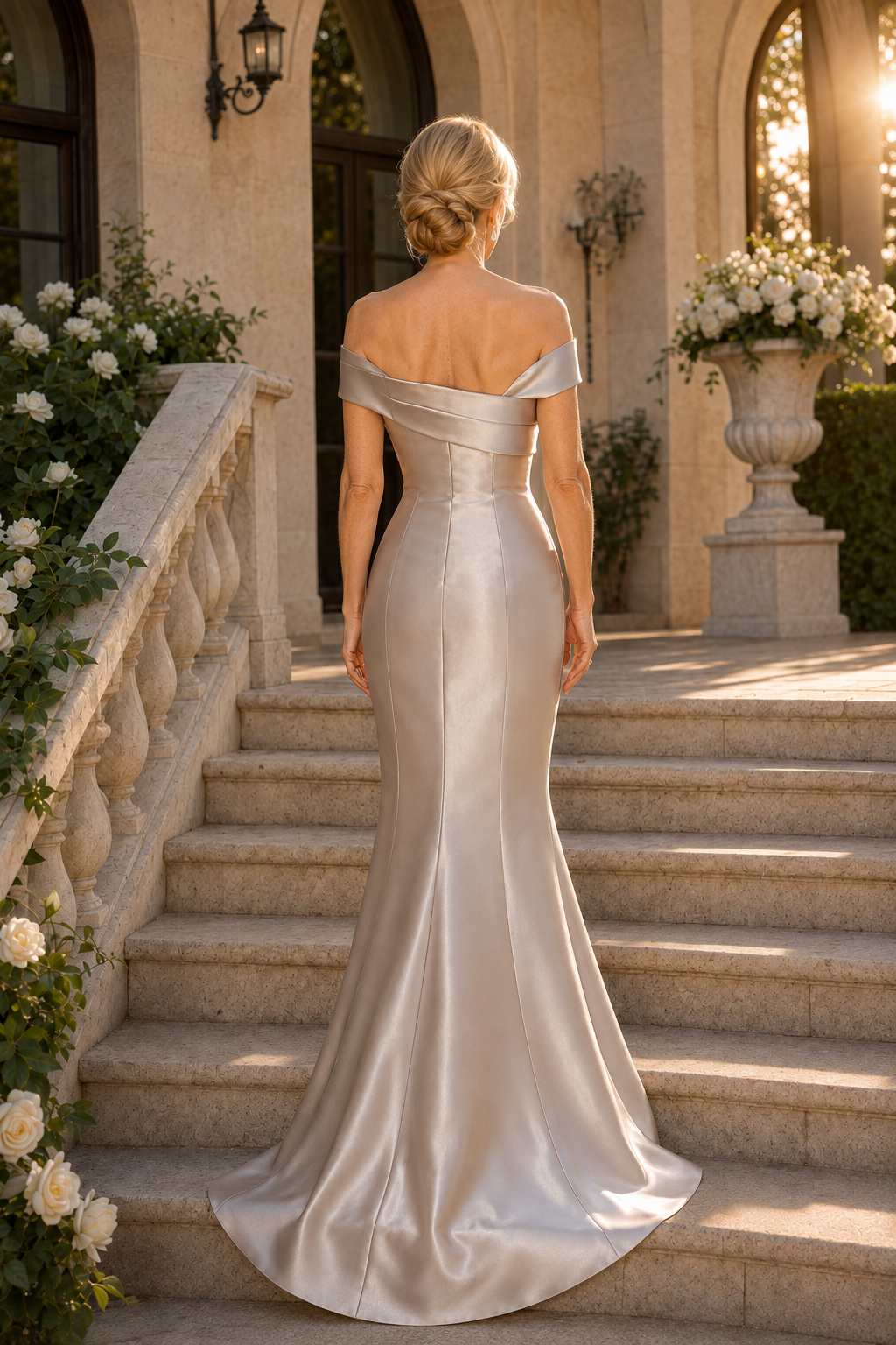 Schulterfreies Meerjungfrauen-Satinabendkleid mit Schlitz