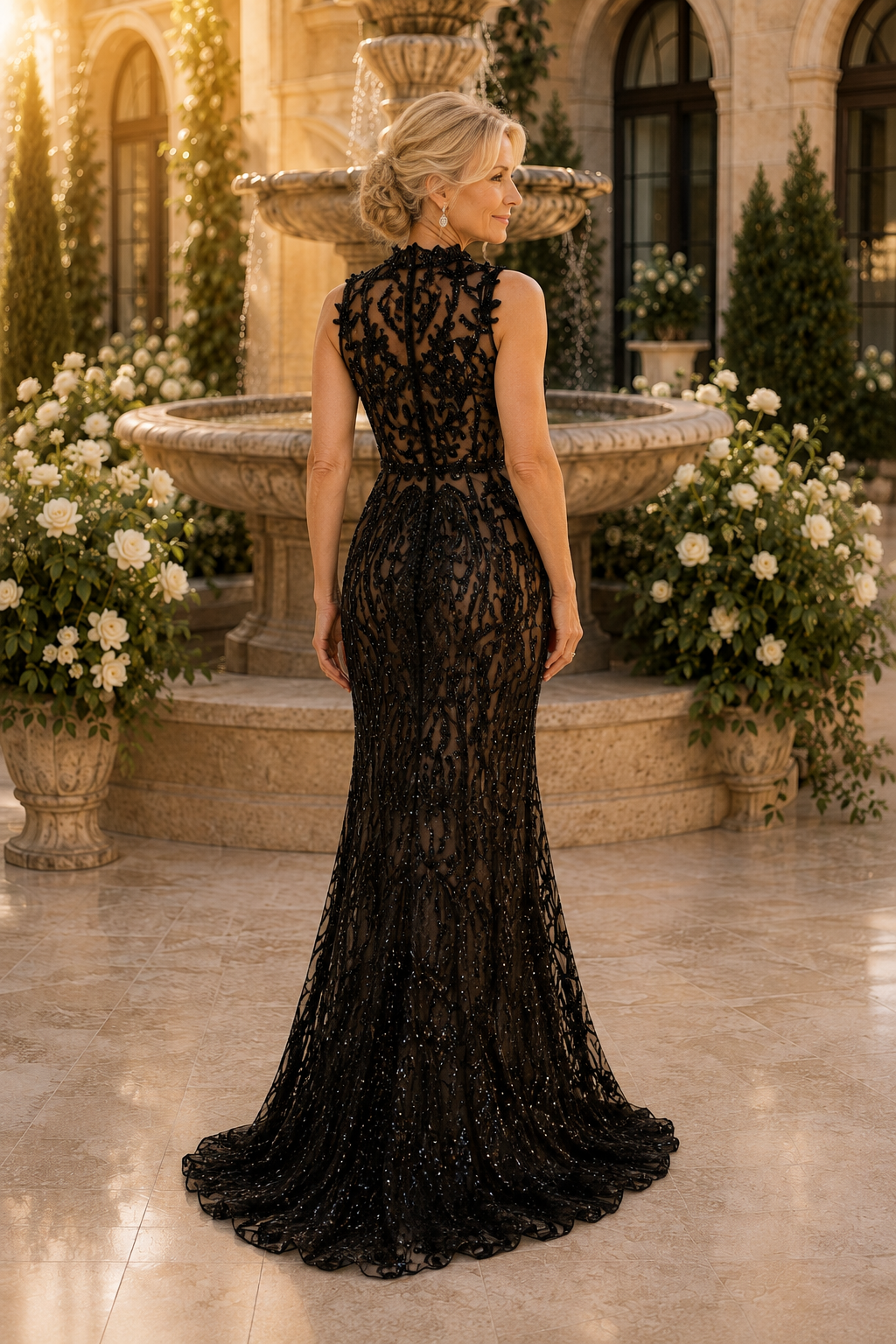 Abendkleid mit hohem Kragen, Pailletten und Meerjungfrauen-Spitze