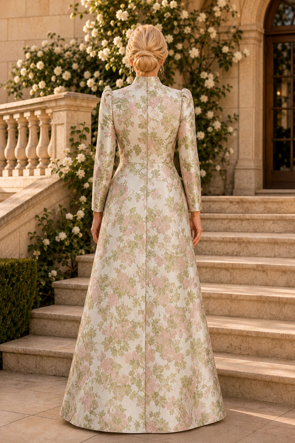 Hochgeschlossenes Jacquard-Kleid mit Blumenmuster und Kaskadenrüschen