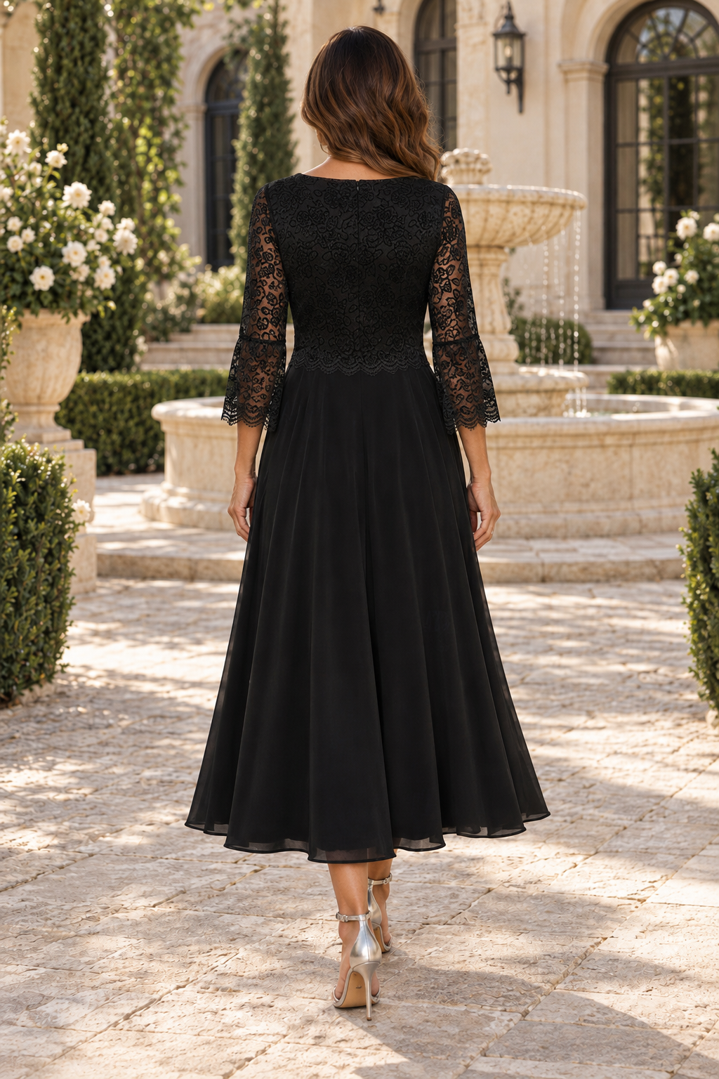Lace Bodice 3/4 Bell Sleeve A-Line Midi Dress