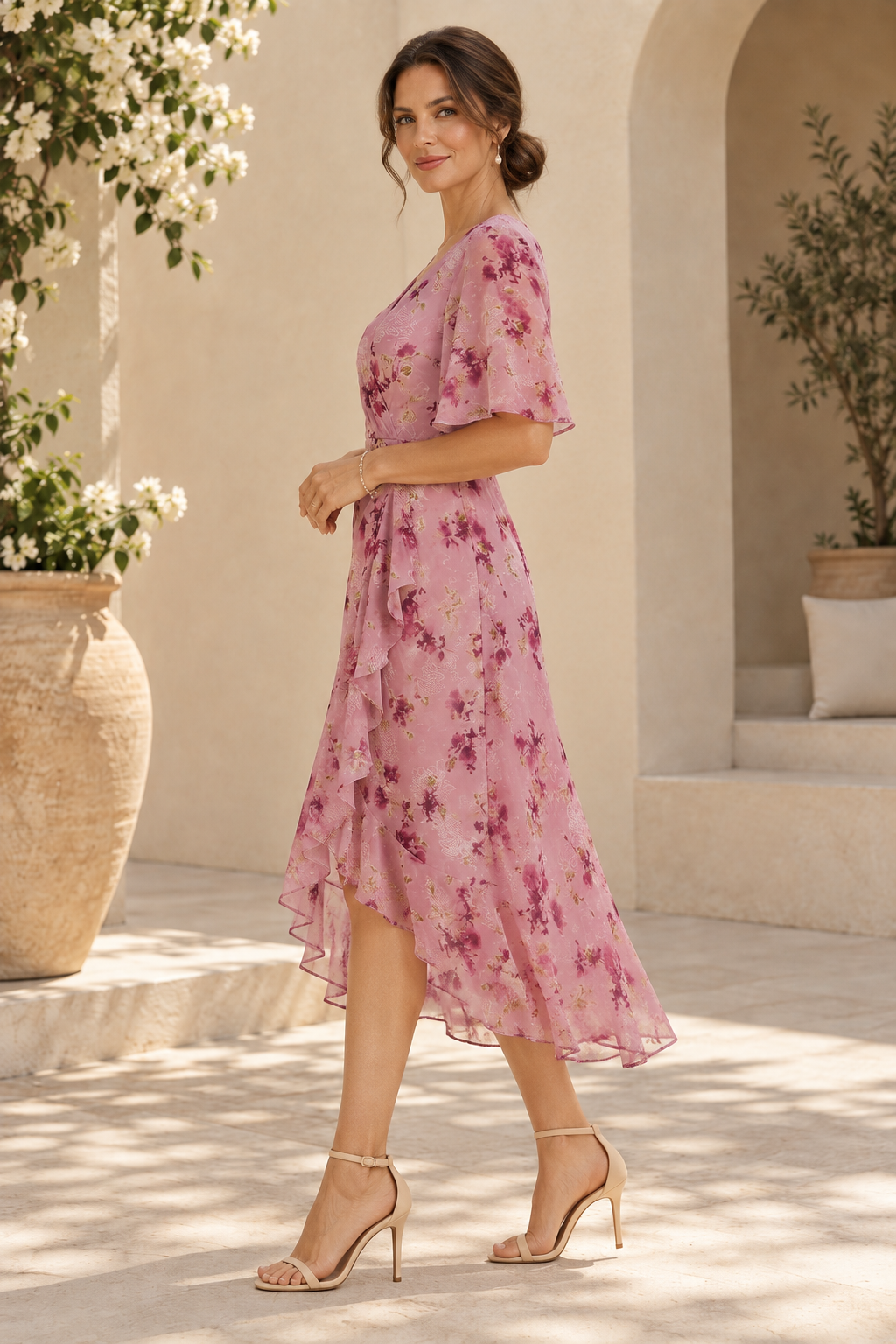 Floral High-Low Midi Dress with Flutter Sleeves