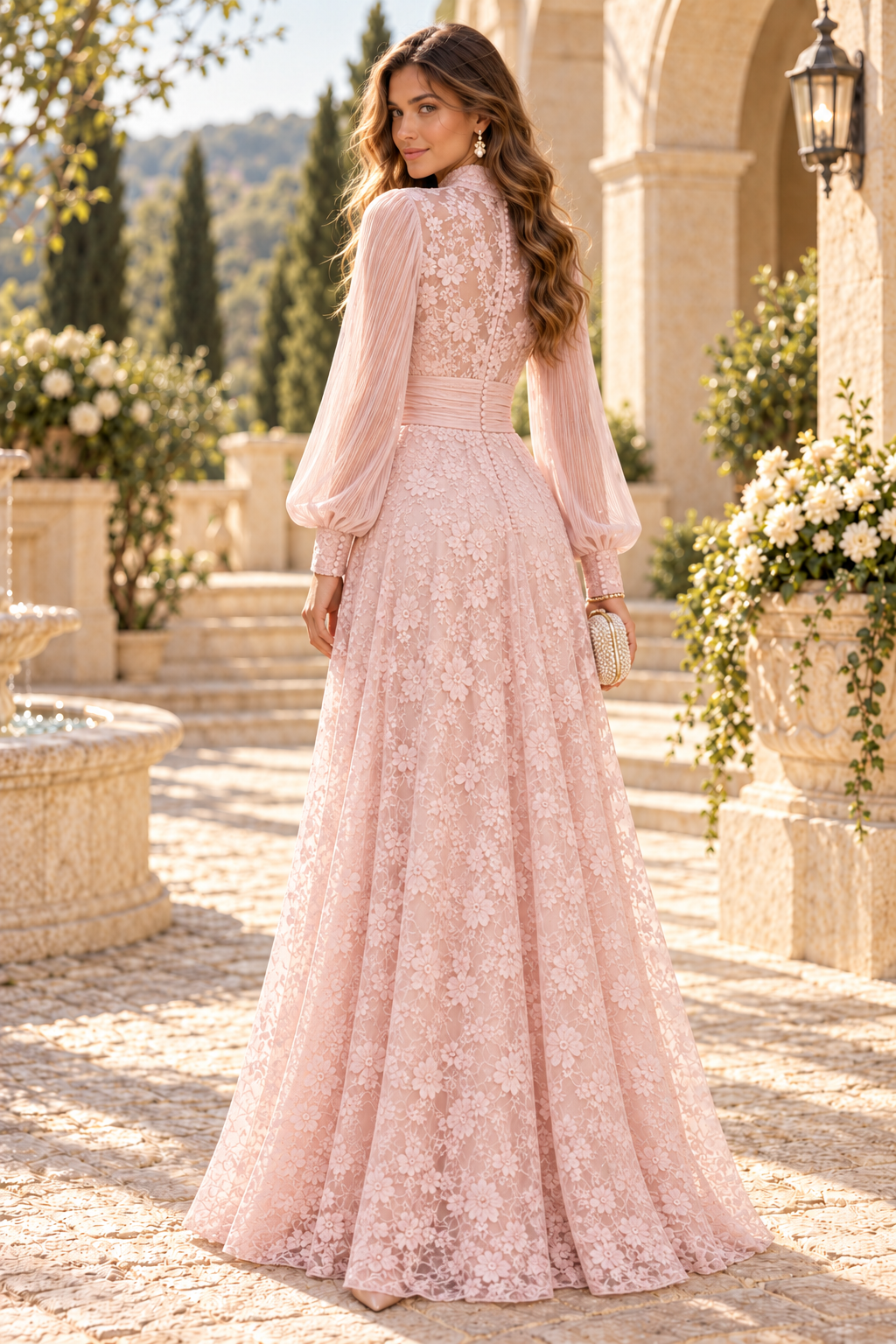 High-Neck Floral Appliqué Gown with Bishop Sleeves