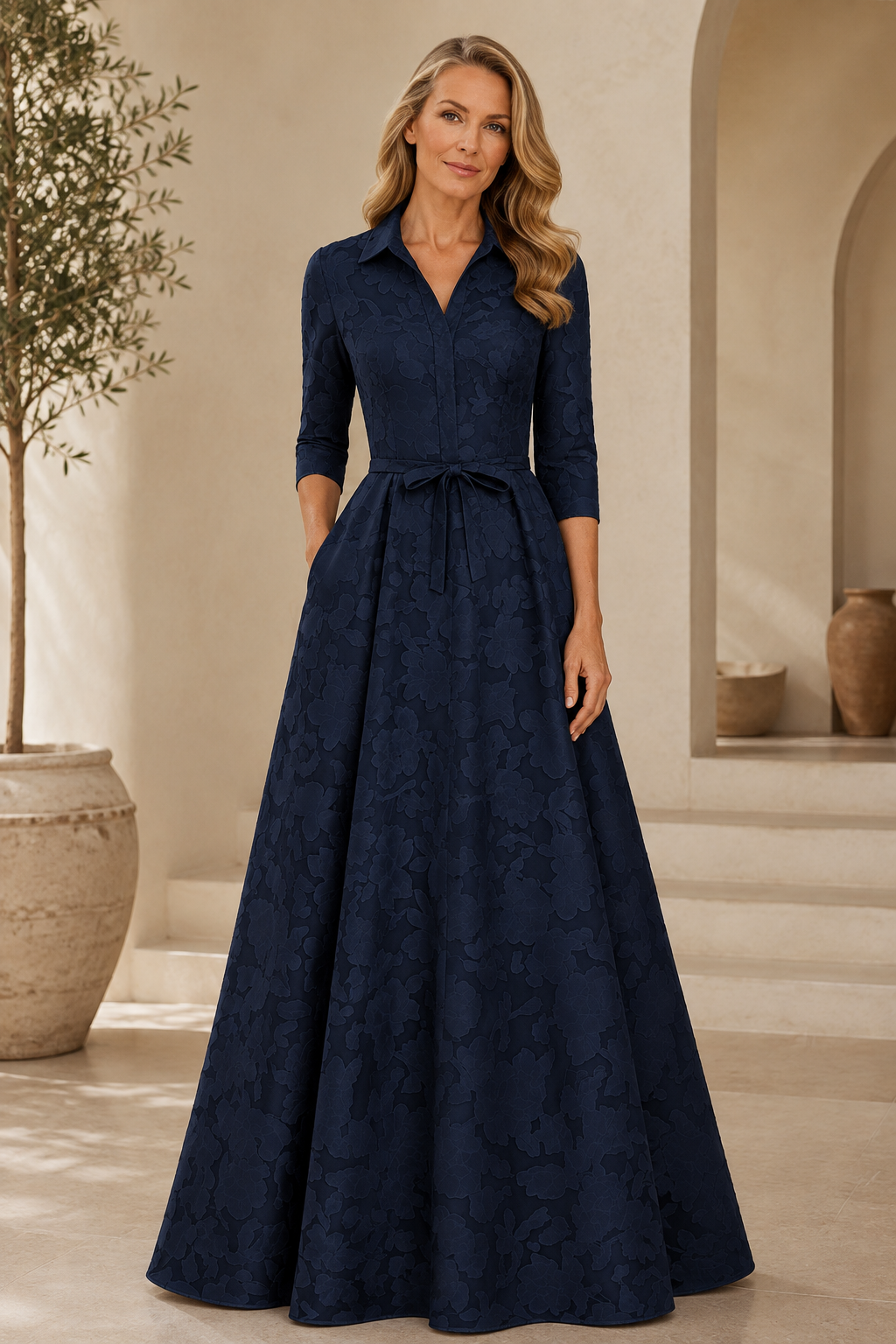 V-Ausschnitt A-Linien Kleid mit Kragen, 3/4 Ärmeln & Bindegürtel