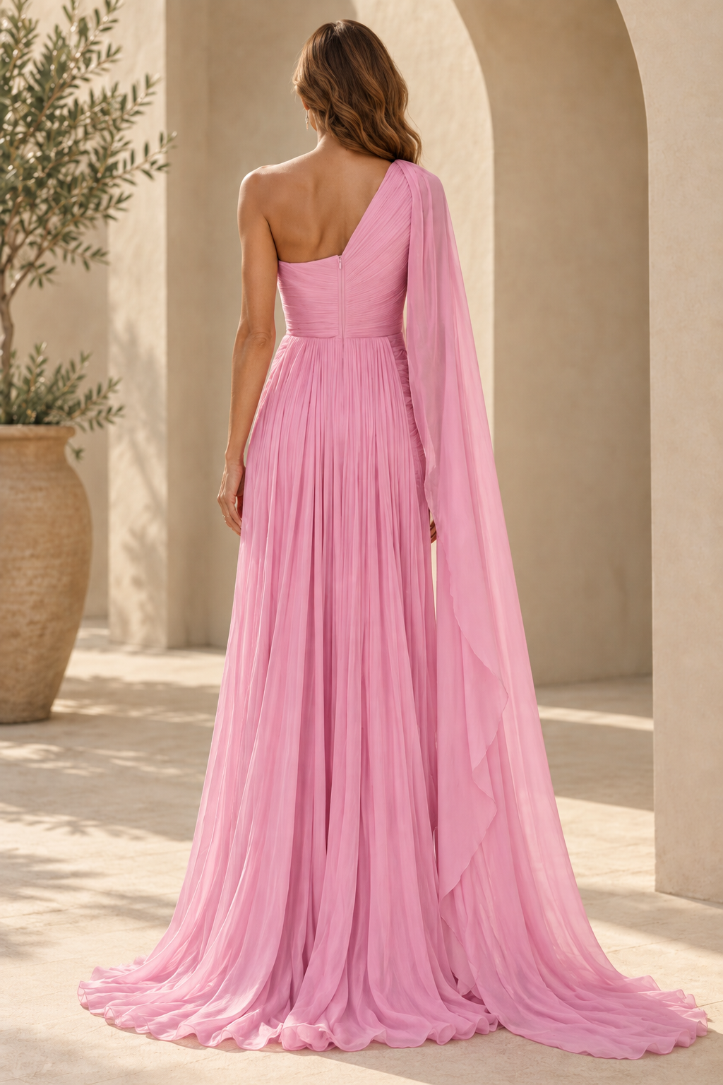 One-Shoulder Pleated Gown with Cape & 3D Flower