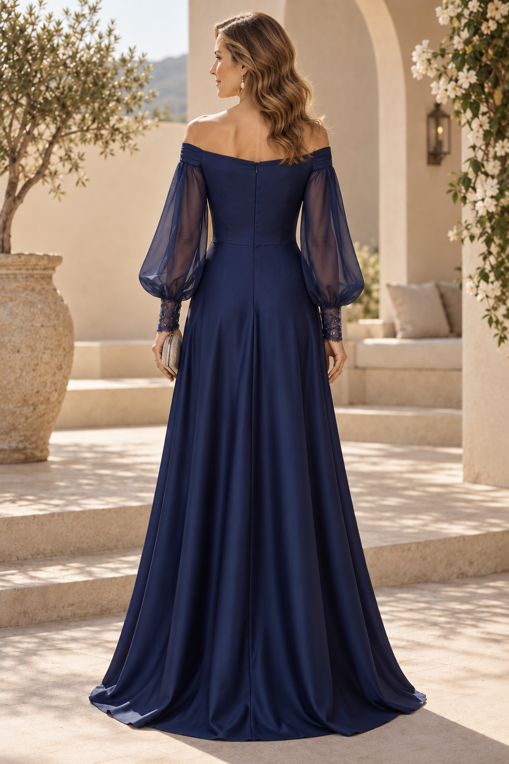 Off-the-Shoulder Floral Applique Evening Gown